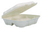 A Picture of product DCC-HC8FBR3 Dart® Compostable Fiber 3-Compartment Hinged Trays. 8.03 X 8.4 X 1.93 in. Ivory. 100 trays/sleeve, 2 sleeves/carton.