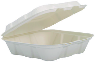 Dart® Compostable Fiber Hinged Trays. 8.03 X 8.38 X 1.93 in. Ivory. 100 trays/sleeve, 2 sleeves/carton.