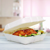 A Picture of product DCC-HC9FBR1 Dart® Compostable Fiber Hinged Trays. 8.98 X 9.35 X 2.17 in. Ivory. 100 trays/sleeve, 2 sleeves/carton.