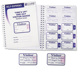 C-Line® Time's Up!® Self-Expiring Visitor Badges with Registry Log Up 3 x 2, White, 150 Badges/Box