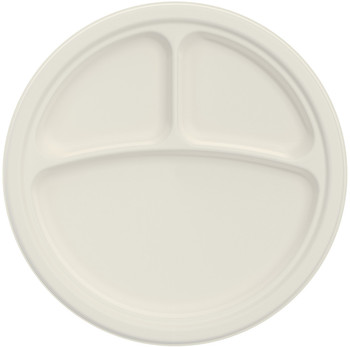 DART® Round PFAS-Free Fiber 3-Compartment Plate. 10 in. Color may vary. 125 plates/sleeve, 4 sleeves/case.