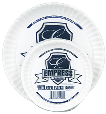 Empress Uncoated Paper Plates. 9 in. White. 100 plates/pack, 12 packs/case.