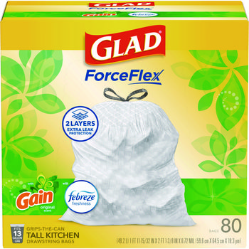 Glad® ForceFlex™ Kitchen Drawstring Trash Bags. 13 gal. 24 X 27.38 in. White. Gain Original scent. 80 bags/box.