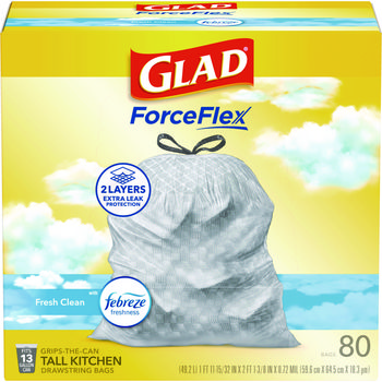 Glad® ForceFlex™ Kitchen Drawstring Trash Bags. 13 gal. 24 X 27.38 in. White. Fresh Clean scent. 80 bags/box.