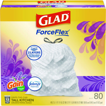 Glad® ForceFlex™ Kitchen Drawstring Trash Bags. 13 gal. 24 X 27.38 in. White. Lavender Breeze scent. 80 bags/box.