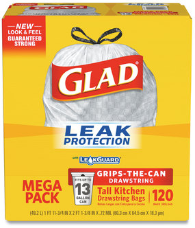 Glad® ForceFlex™ Tall Kitchen Drawstring Trash Bags. 9 mil. 13 gal. 23.75 X 25.38 in. White. 120 bags/box.