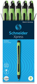 Schneider® Xpress Fineliner Pen Porous Point Stick, Medium 0.8 mm, Black Ink, Black/Green Barrel, 10/Box