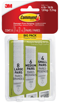 Command™ Picture Hanging Strips Big Pack, Removable, (4) Small, (6) Medium, (8) Large, White, 18 Pairs/Pack