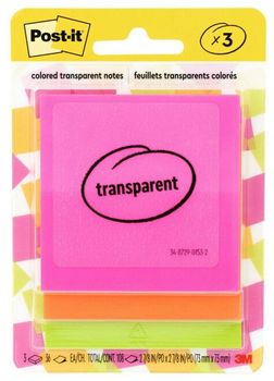 Post-it® Transparent Notes Unruled, 2.88" x Assorted Colors, 36 Sheets/Pad, 3 Pads/Pack