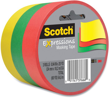 Scotch® Expressions Masking Tape 3" Core, 0.94" x 20 yds, Red, Green, Yellow, 3 Rolls/Pack