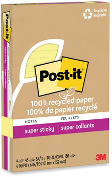 Post-it® Notes Super Sticky 100% Recycled Paper Ruled, 4" x 6", Canary Yellow, 45 Sheets/Pad, 4 Pads/Pack