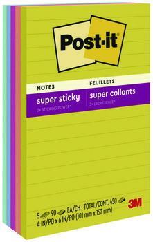 Post-it® Notes Super Sticky Pads in Summer Joy Color Collection Colors Note 4" x 6", Ruled, 90 Sheets/Pad, 5 Pads/Pack