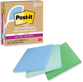 Post-it® Notes Super Sticky 100% Recycled Paper Ruled, 4" x Oasis, 70 Sheets/Pad, 3 Pads/Pack