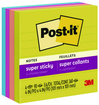 Post-it® Notes Super Sticky Pads in Summer Joy Color Collection Colors Note 4" x Ruled, 90 Sheets/Pad, 4 Pads/Pack