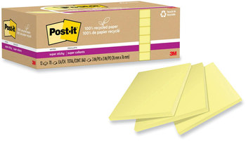 Post-it® Notes Super Sticky 100% Recycled Paper 3" x Canary Yelow, 70 Sheets/Pad, 12 Pads/Pack