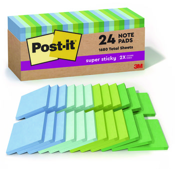 Post-it® Notes Super Sticky 100% Recycled Paper 3" x Oasis, 70 Sheets/Pad, 24 Pads/Pack