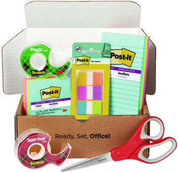 Scotch™ Post-it® Office Essentials Kit 7 Pads Assorted Super Sticky Notes, 1 Pack Flags, Roll Magic Tape, Super-Hold Scissors