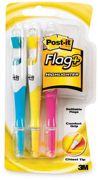 Post-it® Flag+ Highlighter Assorted Ink/Flag Colors, Chisel Tip, Barrel 3/Pack