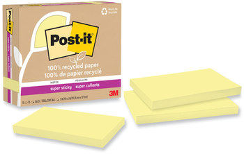 Post-it® Notes Super Sticky 100% Recycled Paper 3" x 5", Canary Yellow, 70 Sheets/Pad, 12 Pads/Pack