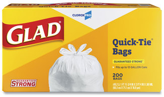 Glad® Tall Kitchen Quick-Tie® Bags Tie-Flap, 13 gal, 23.75" x 28", White, 200/Box