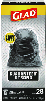 Glad® Guaranteed Strong™ Large Drawstring Trash Bags Three-Ply, 30 gal, 1.05 mil, x 33, Black, 28 Bags/Box, 6 Boxes/Carton