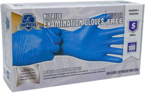 Empress™ Exam Grade Powder Free Nitrile Gloves. Size Small. 3 mil. Blue. 100 gloves/box, 10 boxes/case.