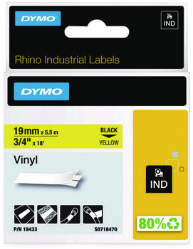 DYMO® Rhino Industrial Label Cartridges Permanent Vinyl Tape, 0.75" x 18 ft, Yellow/Black Print