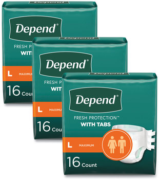 Depend® Incontinence Protection with Tabs 35" to 49" Waist, 16/Pack, 3 Packs/Carton