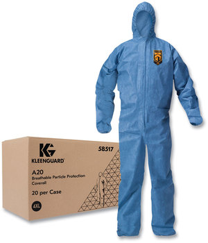 KleenGuard™ A20 Breathable Particle Protection Coveralls Zip Front, Hood, Elastic Back, Wrists, Ankles, 4X-Large, Blue, 20/Carton