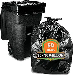 Tasker Heavy Duty Can Liner. 95-96 gal. 61 X 68 in. Black. 50 bags with ties/case.