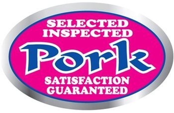 Pork Labels, Pork (Selected Inspected) Label, Rho/Blue/White on Silver 1.25" x 2" Oval.