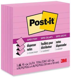 Post-it® Pop-up Notes Super Sticky Refill Note Ruled, 4" x Neon Pink, 90 Sheets/Pad, 5 Pads/Pack