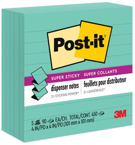 Post-it® Pop-up Notes Super Sticky Refill Note Ruled, 4" x Aqua Wave, 90 Sheets/Pad, 5 Pads/Pack