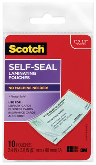 Scotch™ Self-Sealing Laminating Pouches 9 mil, 3.8" x 2.4", Gloss Clear, 10/Pack