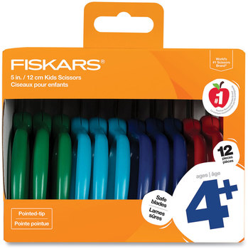 Fiskars® Kids & Student Scissors Classpack, Pointed Tip, 5" Long, 1.75" Cut Length, Straight Assorted Color Handles, 12/Pack