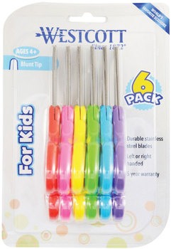 Westcott® For Kids Scissors Rounded Tip, 5" Long, 1.75" Cut Length, Straight Assorted Color Handles, 6/Pack