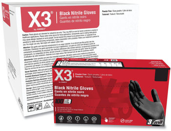 X3® by AMMEX® Industrial Nitrile Gloves Powder-Free, 3 mil, X-Large, Black, 100/Box, 10 Boxes/Carton