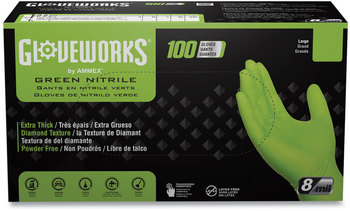 GloveWorks® by AMMEX® Heavy-Duty Industrial Powder-Free Disposable Nitrile Gloves. Size X-Large. 8 mil. Green. 100 gloves/box, 10 boxes/carton.