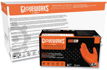 GloveWorks® by AMMEX® Heavy-Duty Industrial Powder-Free Disposable Nitrile Gloves. Size Large. 8 mil. Orange. 100 gloves/box, 10 boxes/carton.