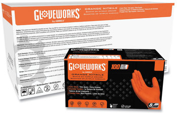 GloveWorks® by AMMEX® Heavy-Duty Industrial Powder-Free Disposable Nitrile Gloves. Size X-Large. 8 mil. Orange. 100 gloves/box, 10 boxes/carton.