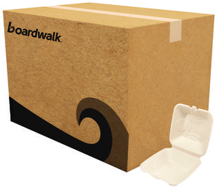 Boardwalk® 1-Compartment Hinged-Lid PFAS-Free Bagasse Food Containers. 6 X 6 X 3.19 in. Tan. 500/carton.