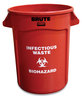 A Picture of product RCP-263294RED Rubbermaid® Commercial Vented Round Brute® Container with "Infectious Waste: Biohazard" Imprint. 32 gal. Red. ** FREIGHT CHARGES APPLY **