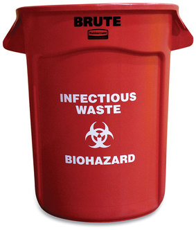 Rubbermaid® Commercial Vented Round Brute® Container with "Infectious Waste: Biohazard" Imprint. 32 gal. Red. ** FREIGHT CHARGES APPLY **