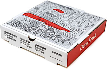 Pizza Box.  16" x 16" x 2".  Stock Print.  B-Flute Corrugated Board.