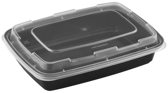 28 OZ RECTANGULAR TAKE-OUT CONTAINER W/ LID, PP - E SERIES.  BLACK WITH CLEAR LID.