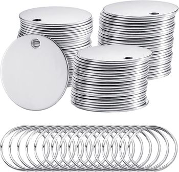 Stainless Steel Round Stamping/Engraving Blanks with Hole and Key Rings. 1.2 In. Silver. 100 blanks/pack.