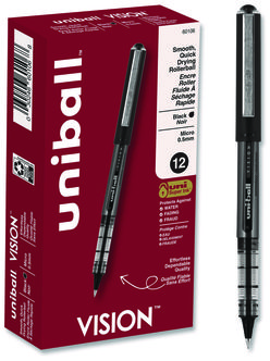 uniball® VISION Stick Roller Ball Pen Rollerball Extra-Fine 0.5 mm, Black Ink, Gray/Black/Clear Barrel, Dozen