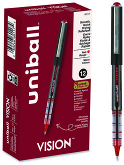 uniball® VISION Stick Roller Ball Pen Rollerball Extra-Fine 0.5 mm, Red Ink, Gray/Red/Clear Barrel, Dozen
