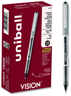 uniball® VISION Stick Roller Ball Pen Rollerball Fine 0.7 mm, Black Ink, Silver/Black/Clear Barrel, Dozen