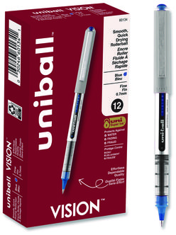uniball® VISION Stick Roller Ball Pen Rollerball Fine 0.7 mm, Blue Ink, Silver/Blue/Clear Barrel, Dozen
